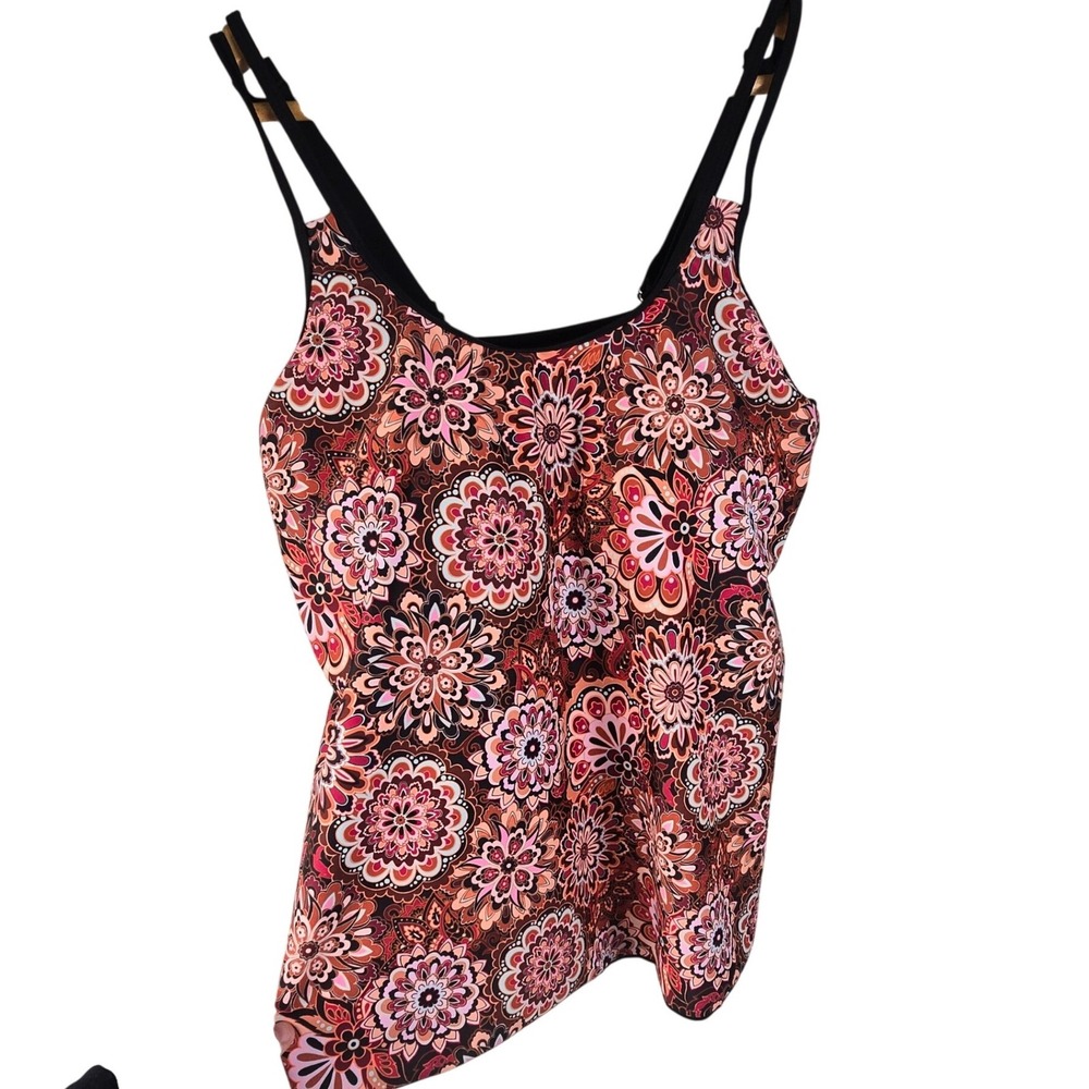 Talisea Pink Orange Brown Floral Mandala Tankini Swim Top XL Adjustable Straps